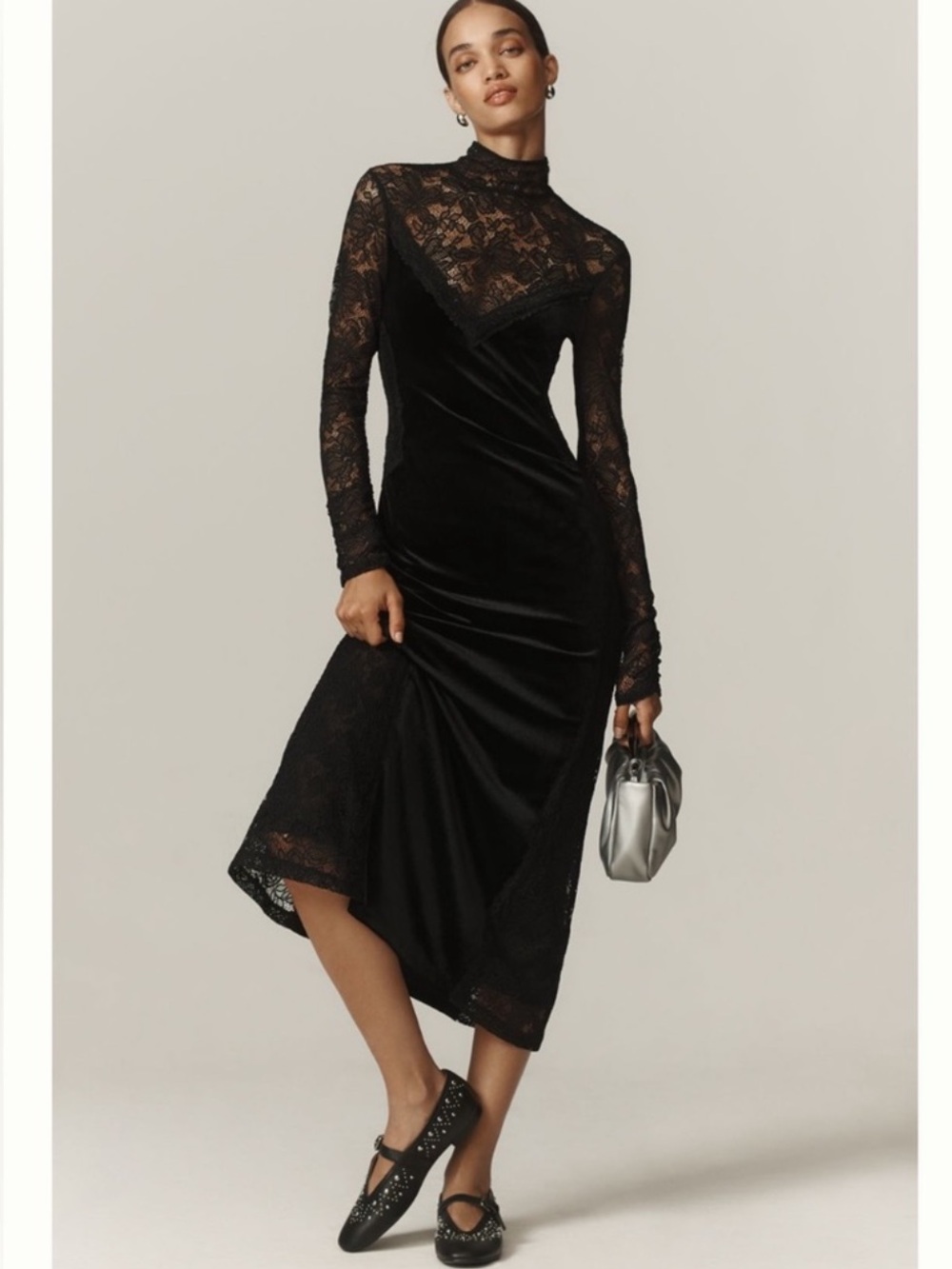Nwt long sleeve lace velvet slip midi dress